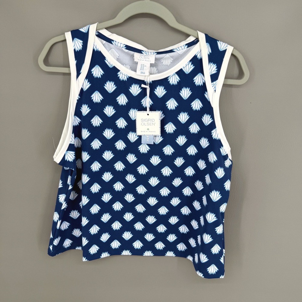 Sigrid Olsen‎ Golf & Tennis Tank Top Women XL Blue White Floral UPF 50 Quick Dry